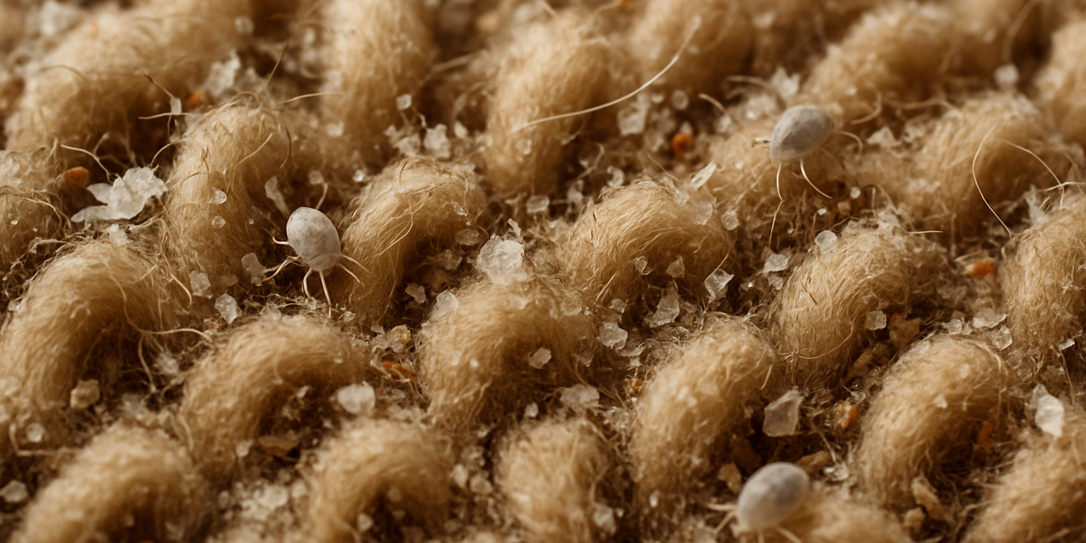 Close up of carpeting with dust and dander particles