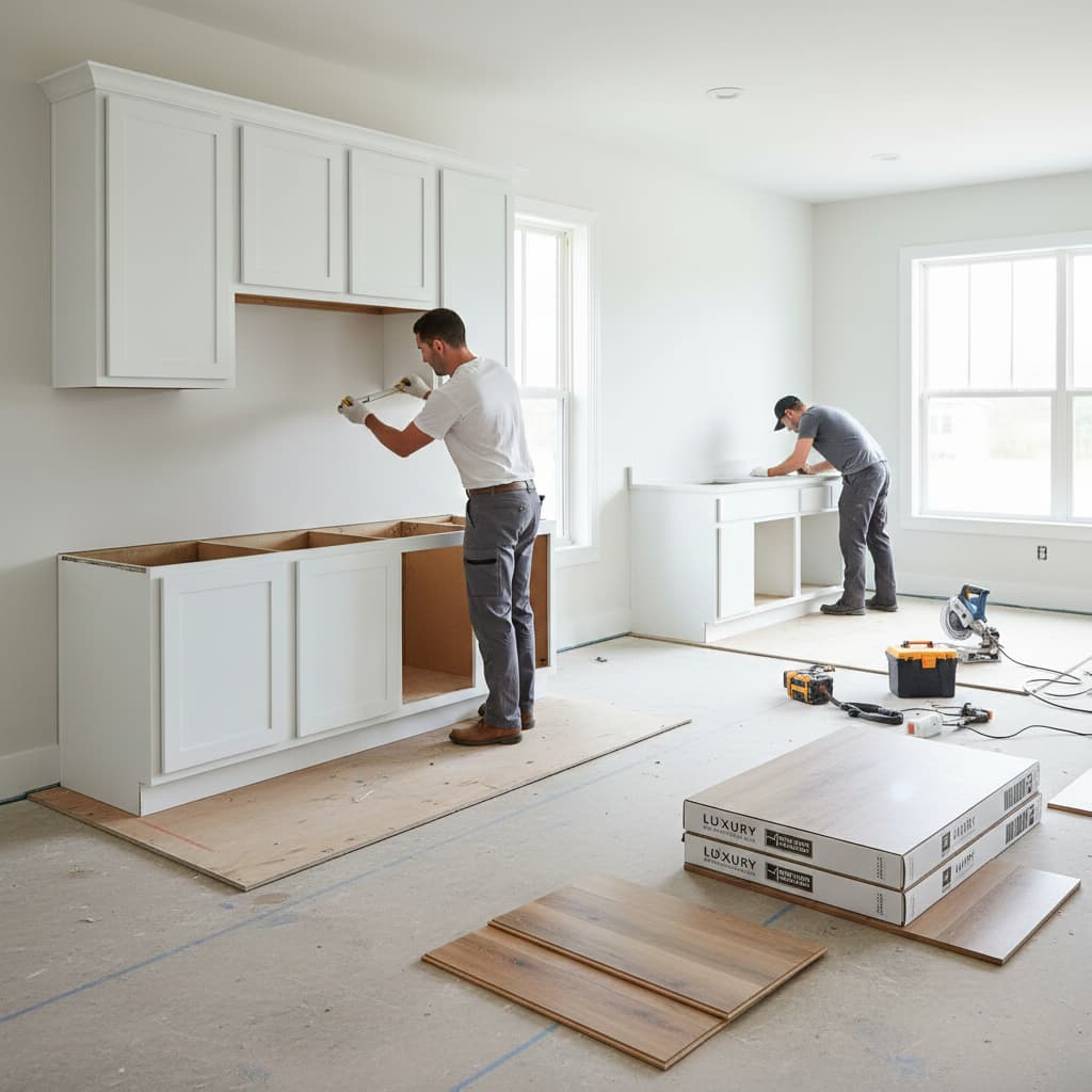 Two men working on installing kitchen cabinets in a bright, empty room.