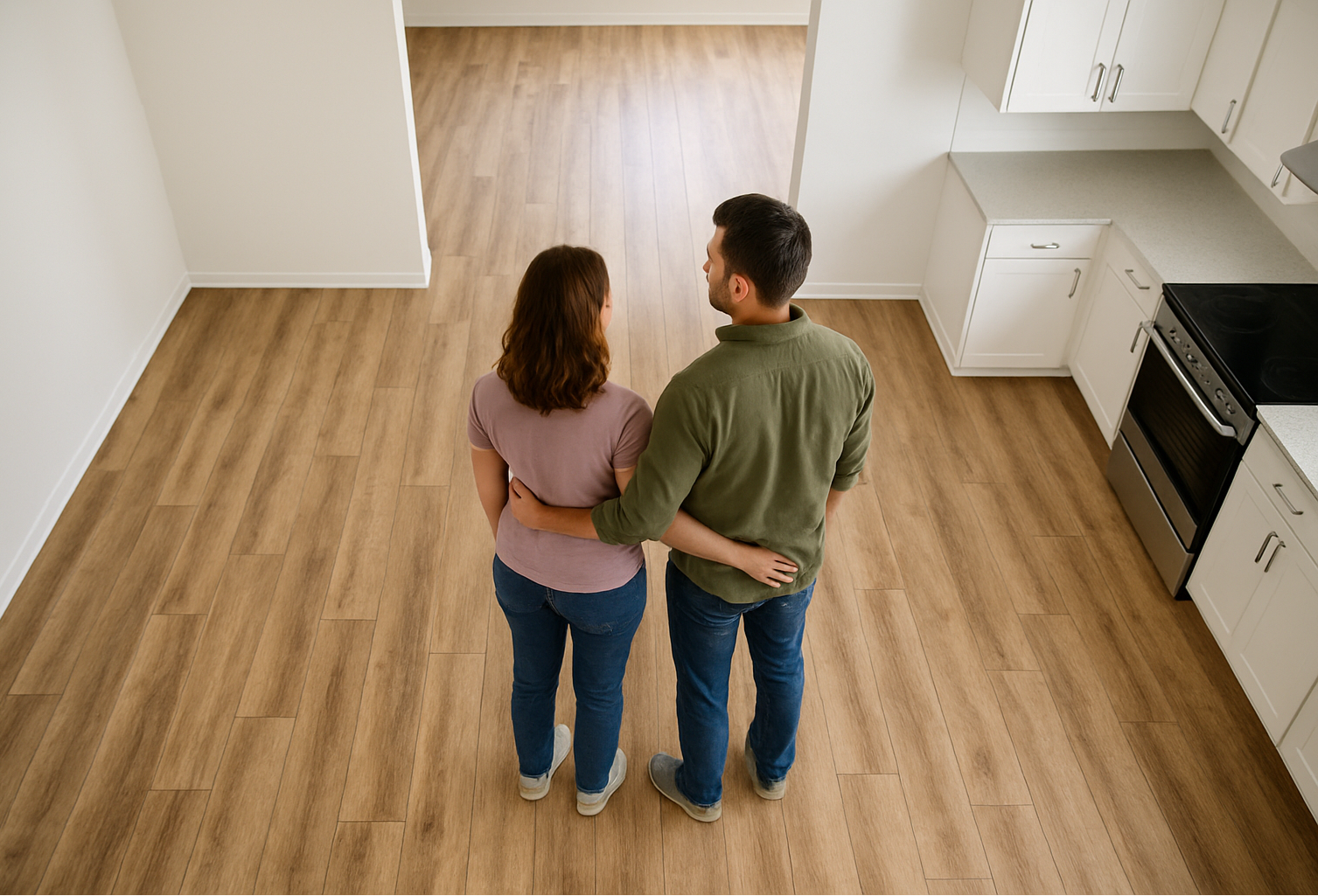 overhead view of a thirty year old couple standing in their kitchen looking into their dining room. There is no furniture or rugs just vinyl plank flooring