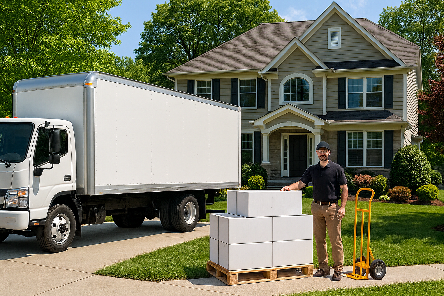 Remove the text on the boxes and change the hand truck to a pallet jack. Move the pallet into the driveway