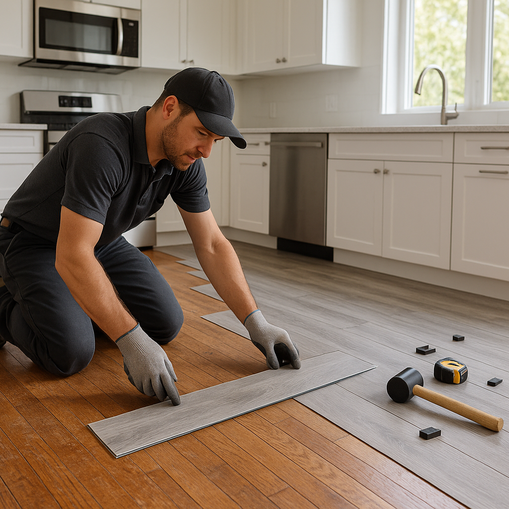 vinyl flooring being installed over an older wood floor by a professional installer in a contemporary kitchen