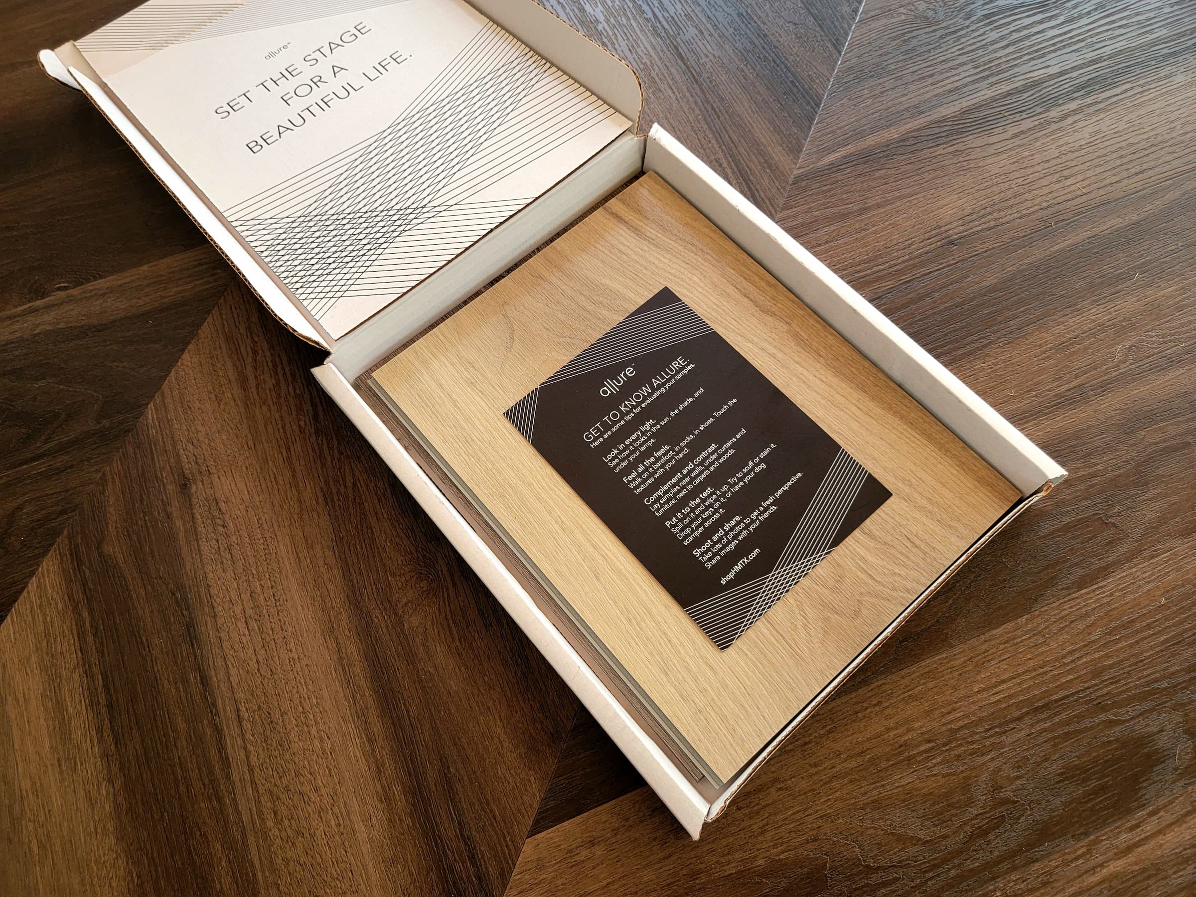 Set of 4 free flooring samples from Allure in a white box