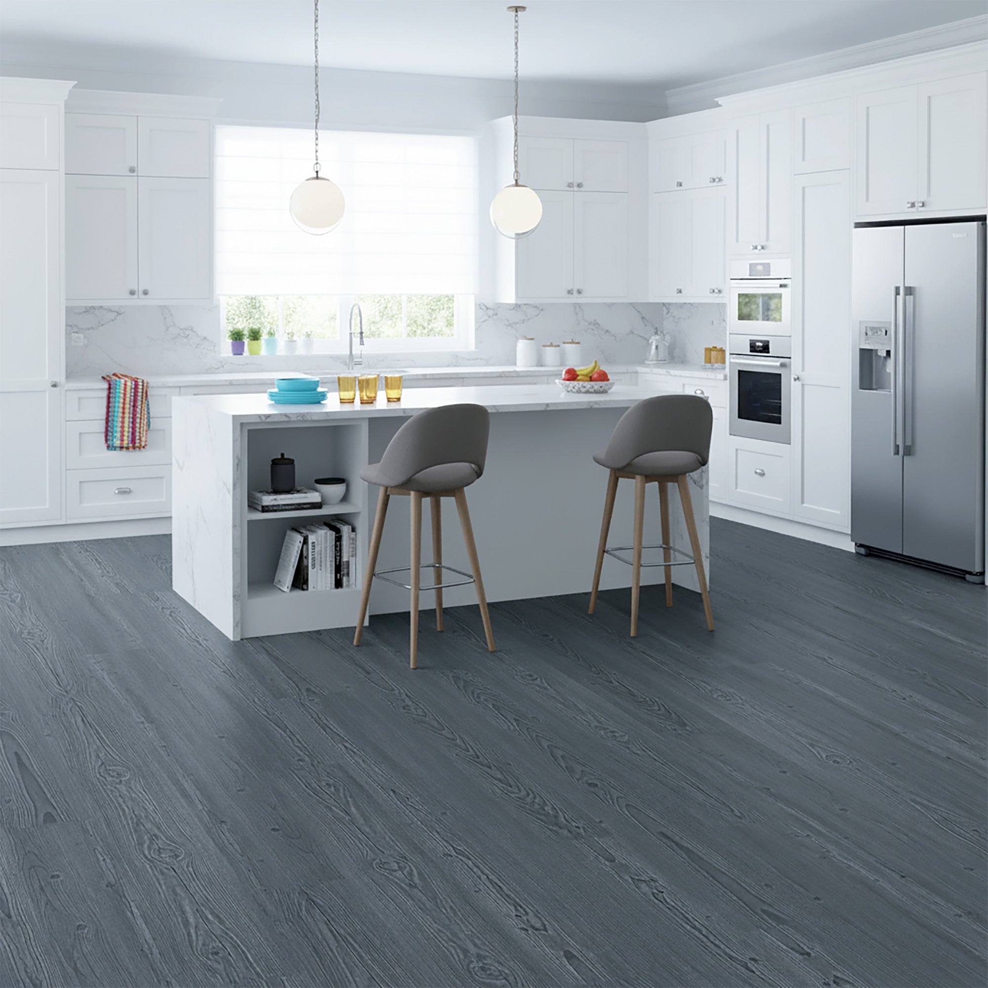 Modern kitchen with gray Allure LVP flooring, white cabinets, and stainless steel appliances.