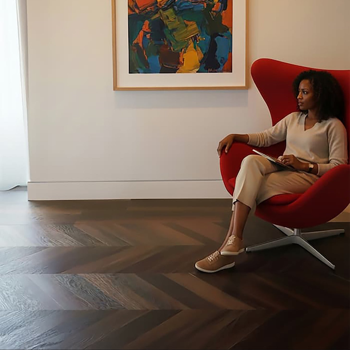 Woman sitting in red MCM chair with Allure chevron flooring and an abstract painting on the wall