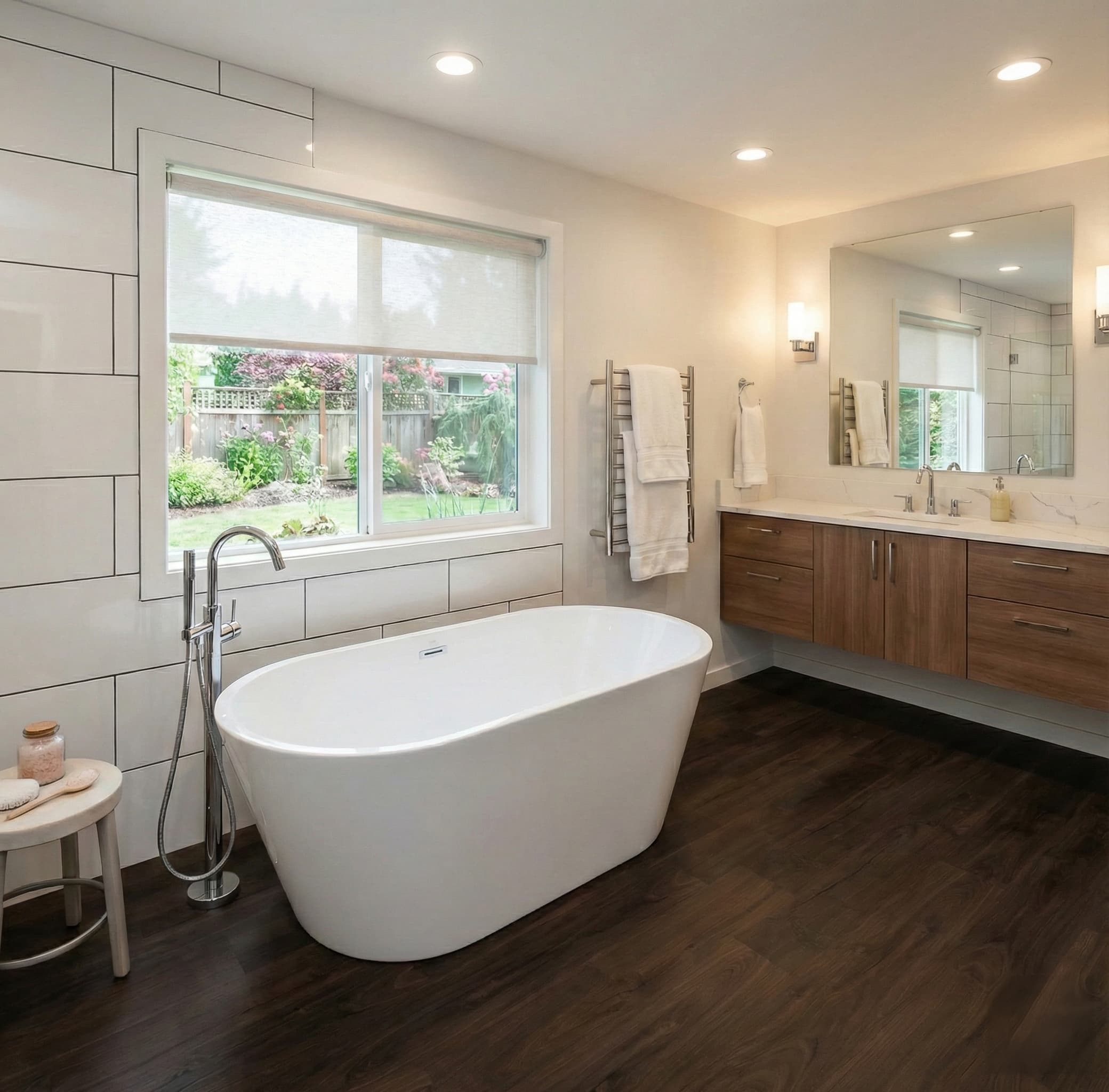Modern bathroom with freestanding bathtub, wooden vanity, large window, and Allure dark brown vinyl plank flooring