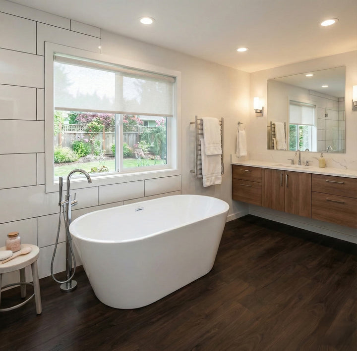 Modern bathroom with freestanding bathtub, wooden vanity, large window, and Allure dark brown vinyl plank flooring