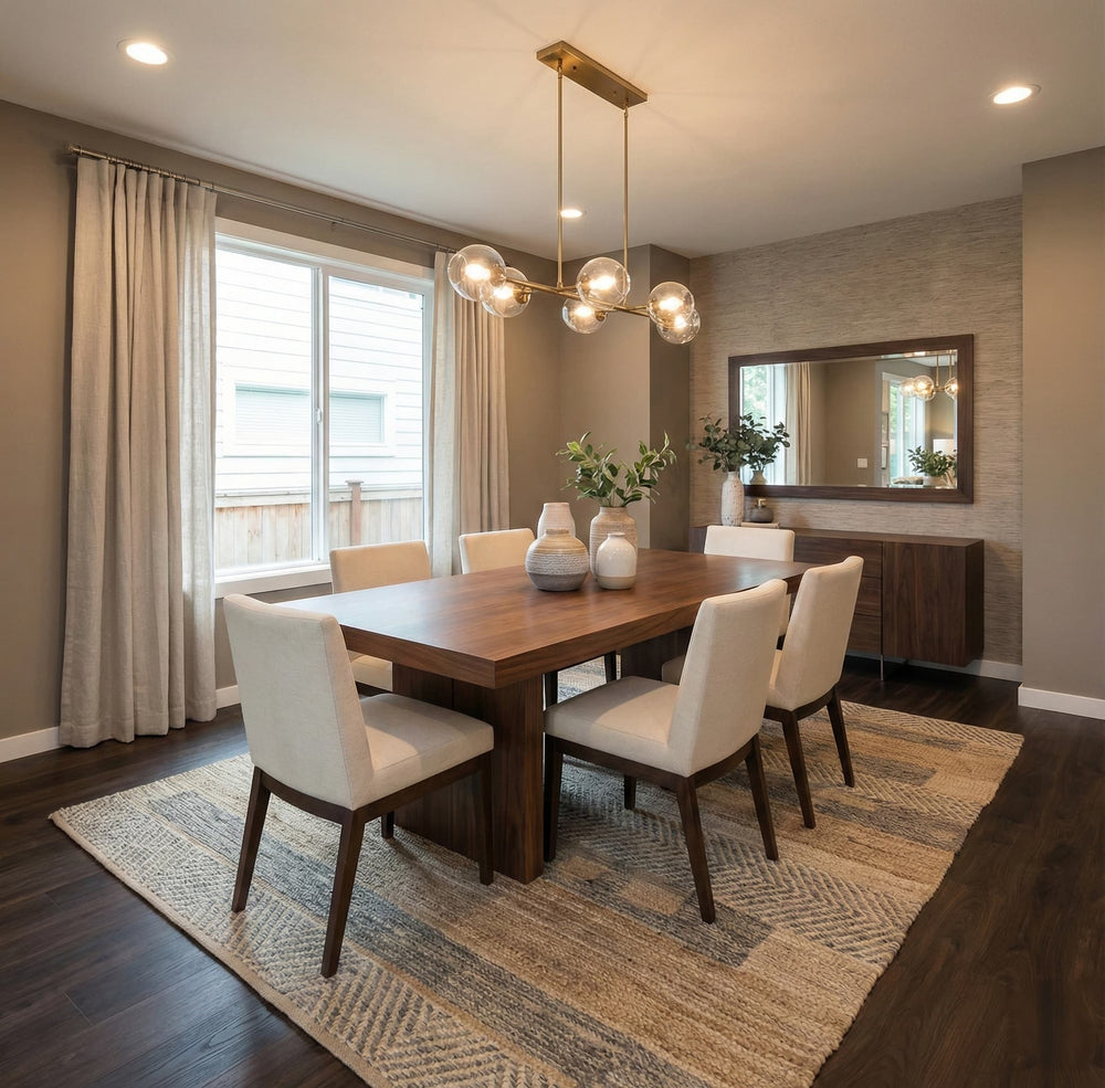 Dining room with wooden table, white chairs, decorative elements, and Allure walnut LVP flooring.