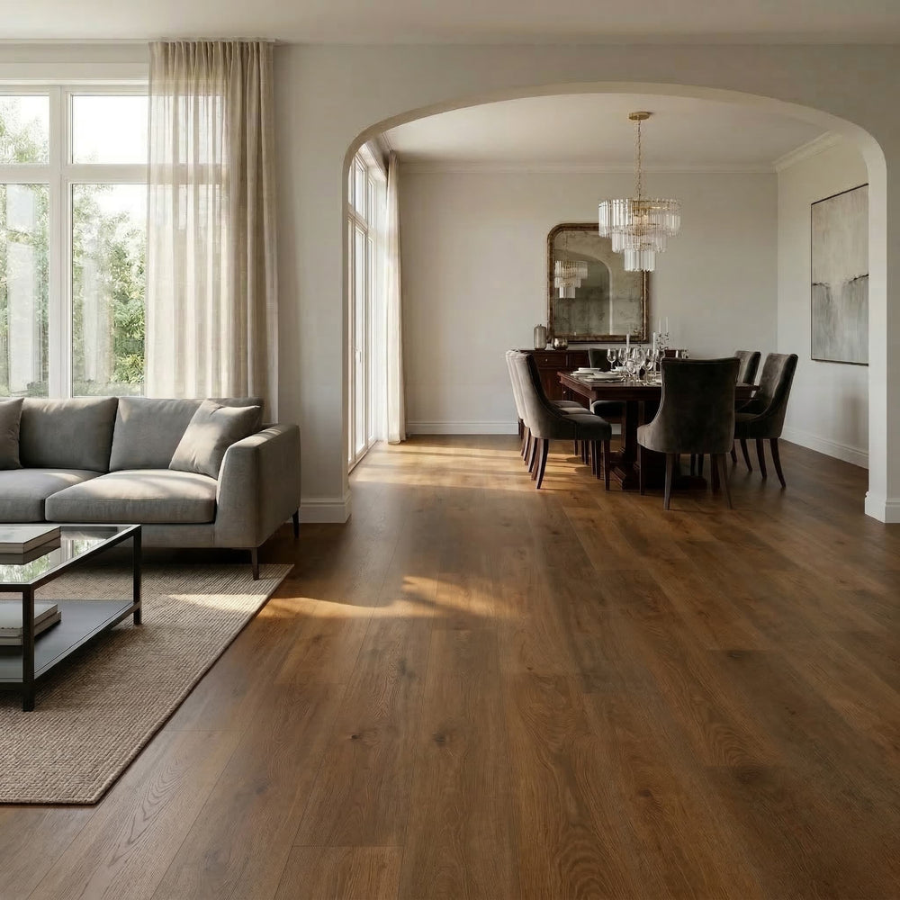 Modern living room with gray sofa, coffee table, and dining area with Allure side plank LVP floor.