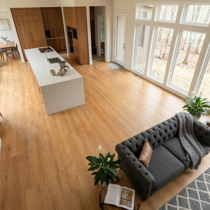 Modern living room with gray sofa, kitchen island, large windows, and Allure wide plank vinyl flooring.