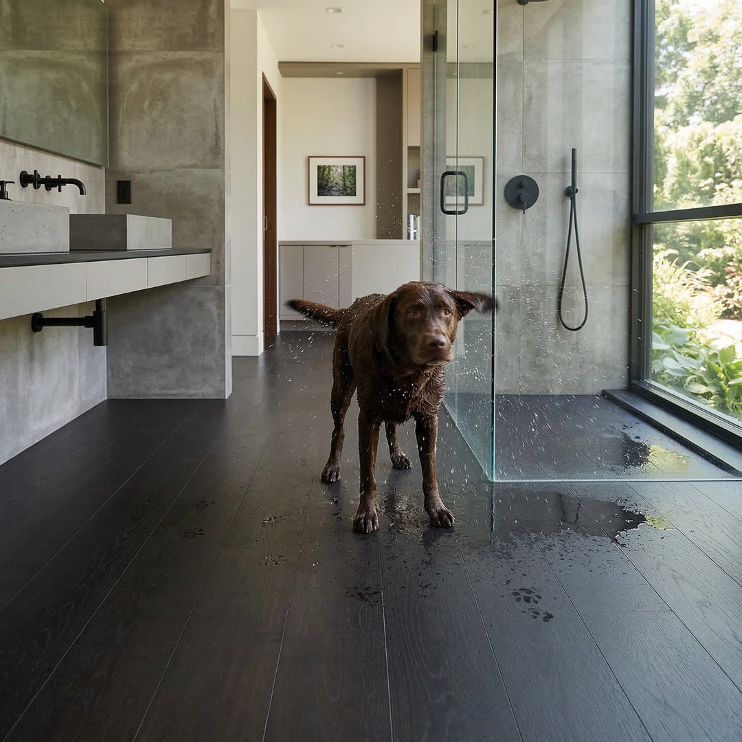 Dog standing on a wet wide plank vinyl bathroom floor with modern decor