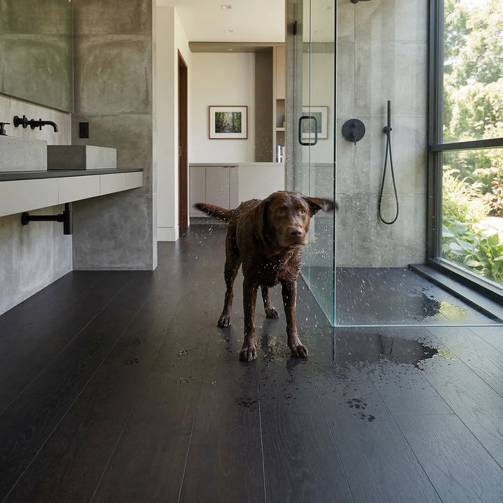 Dog standing on a wet wide plank vinyl bathroom floor with modern decor