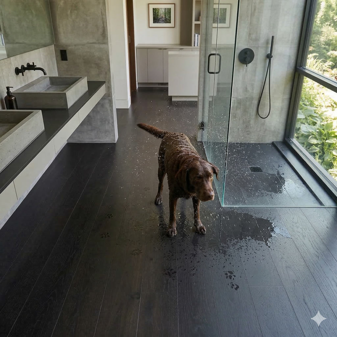 Dog standing on a wet Allure wide plank LVP floor in a modern bathroom with large windows.