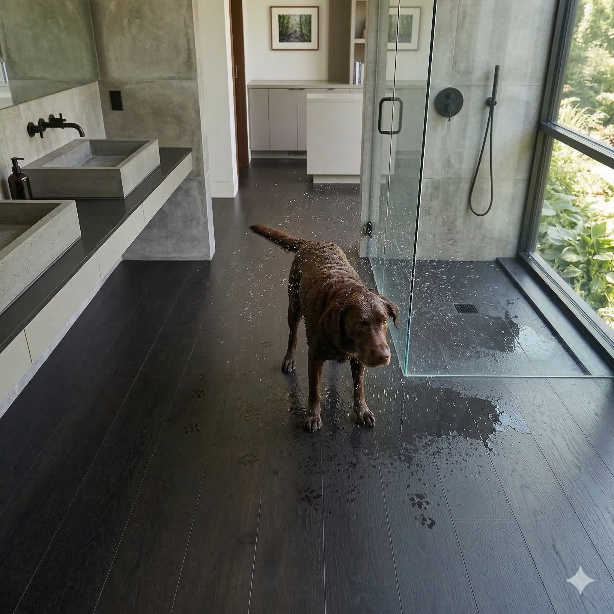Dog standing on a wet Allure wide plank LVP floor in a modern bathroom with large windows.