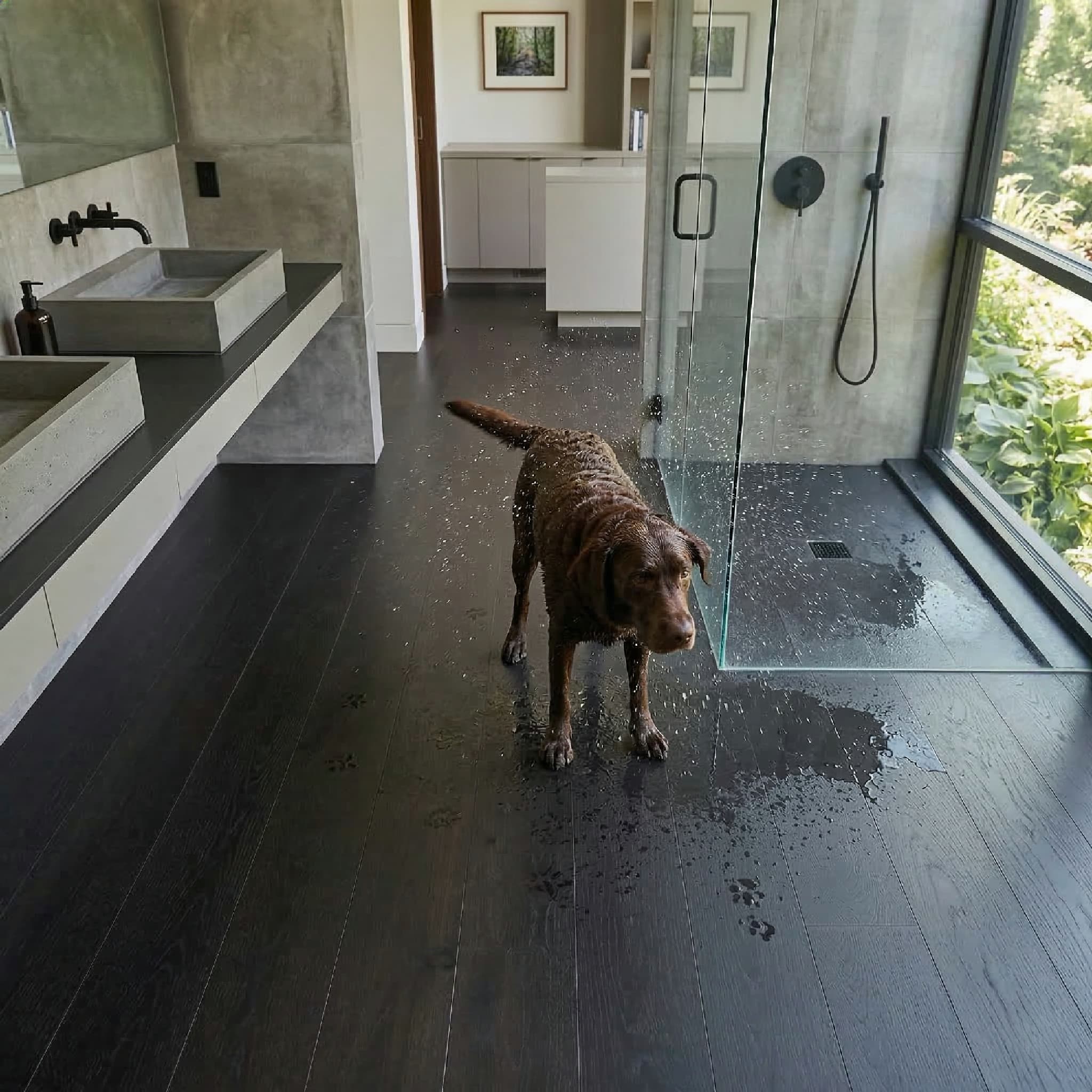 Dog standing on a wet Allure wide plank LVP floor in a modern bathroom with large windows.