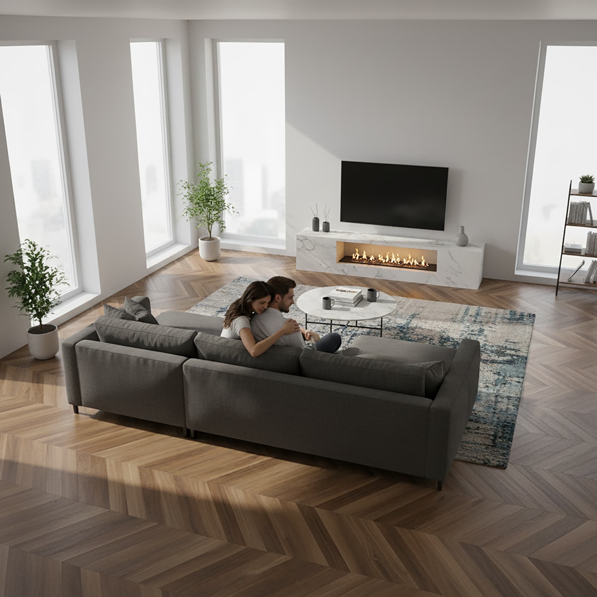 Marble Cake Mahogany Allure Chevron flooring in a modern living room with fireplace and couple sitting on a couch