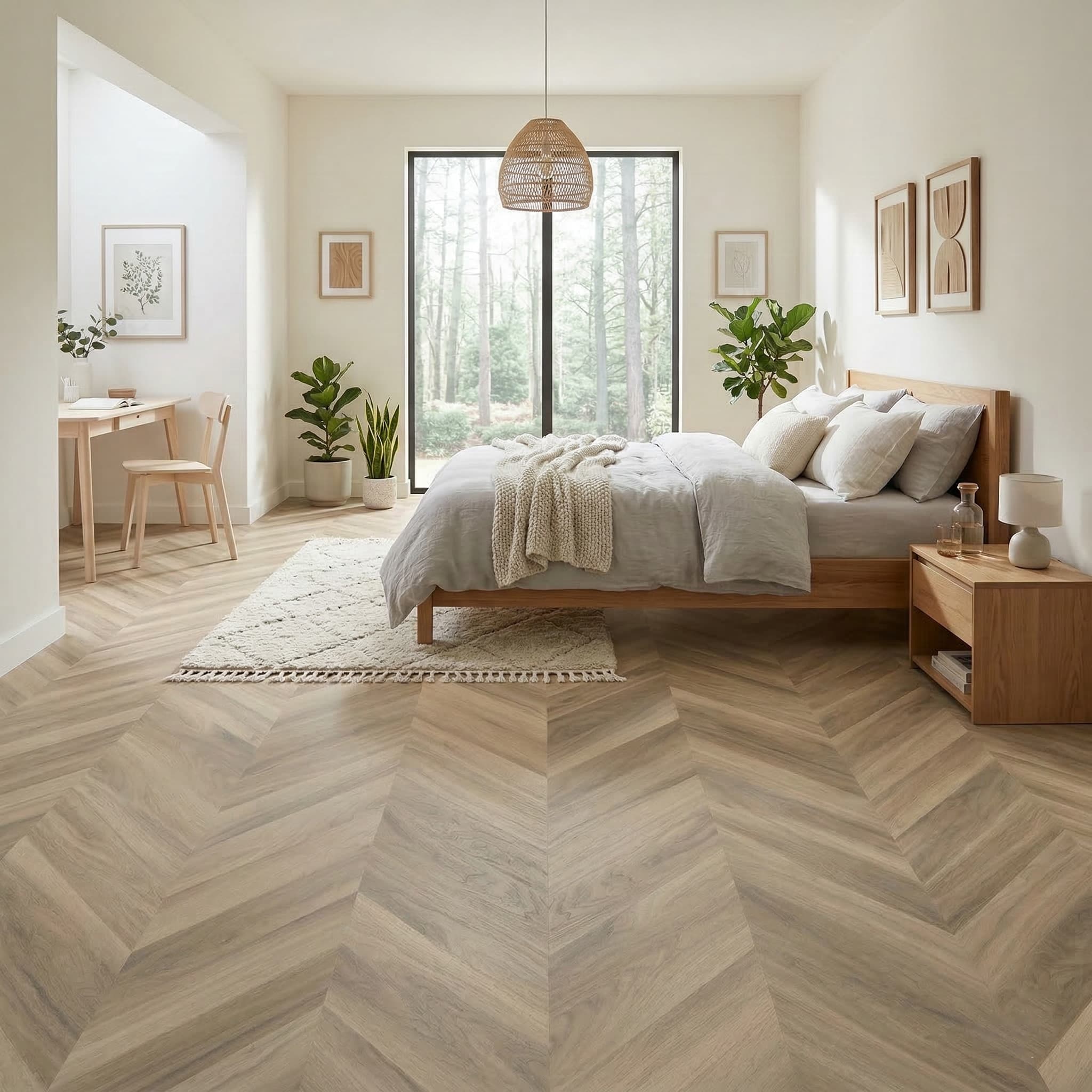 Scandi bedroom design with allure chevron flooring