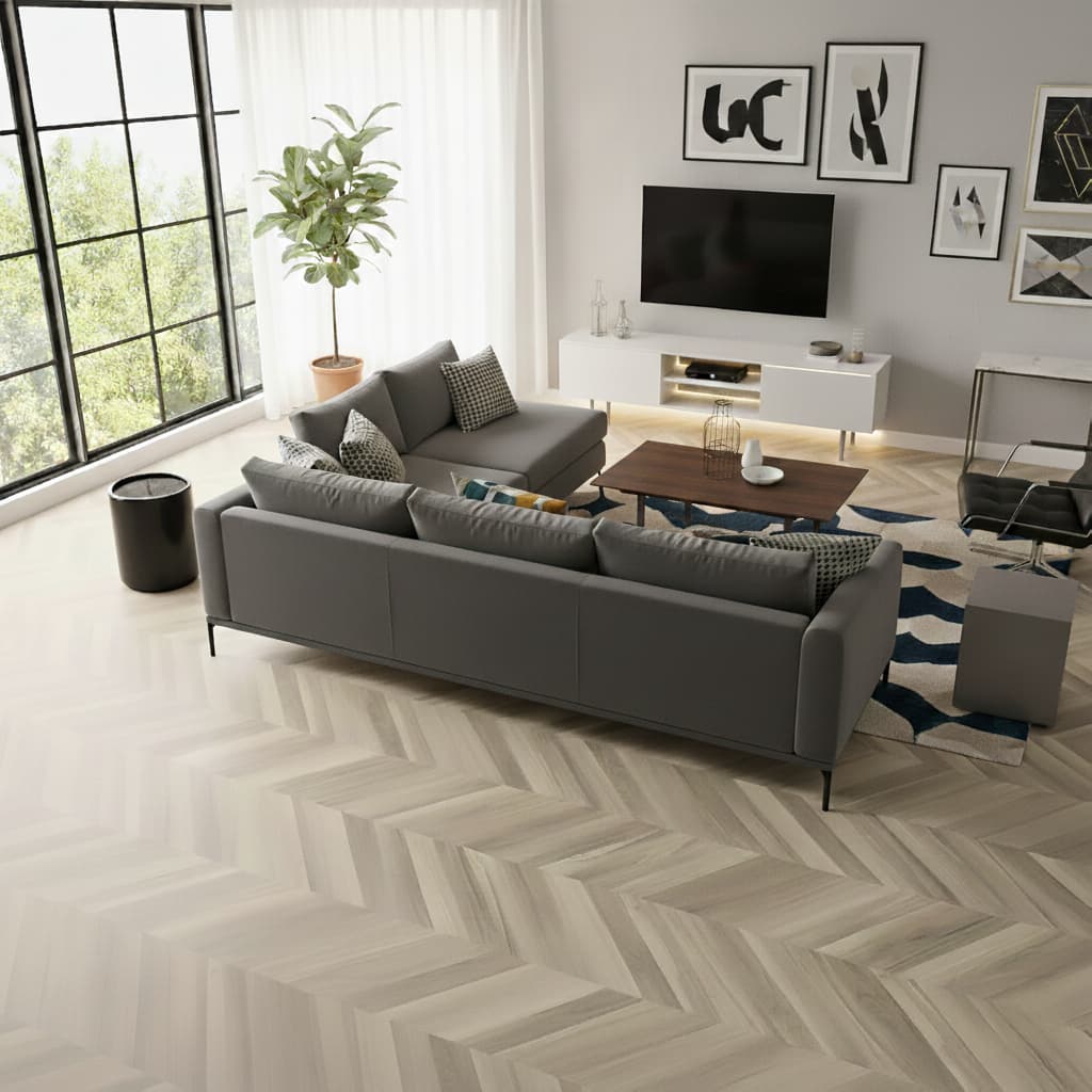 Modern living room with gray sofa, TV stand, and decorative elements.