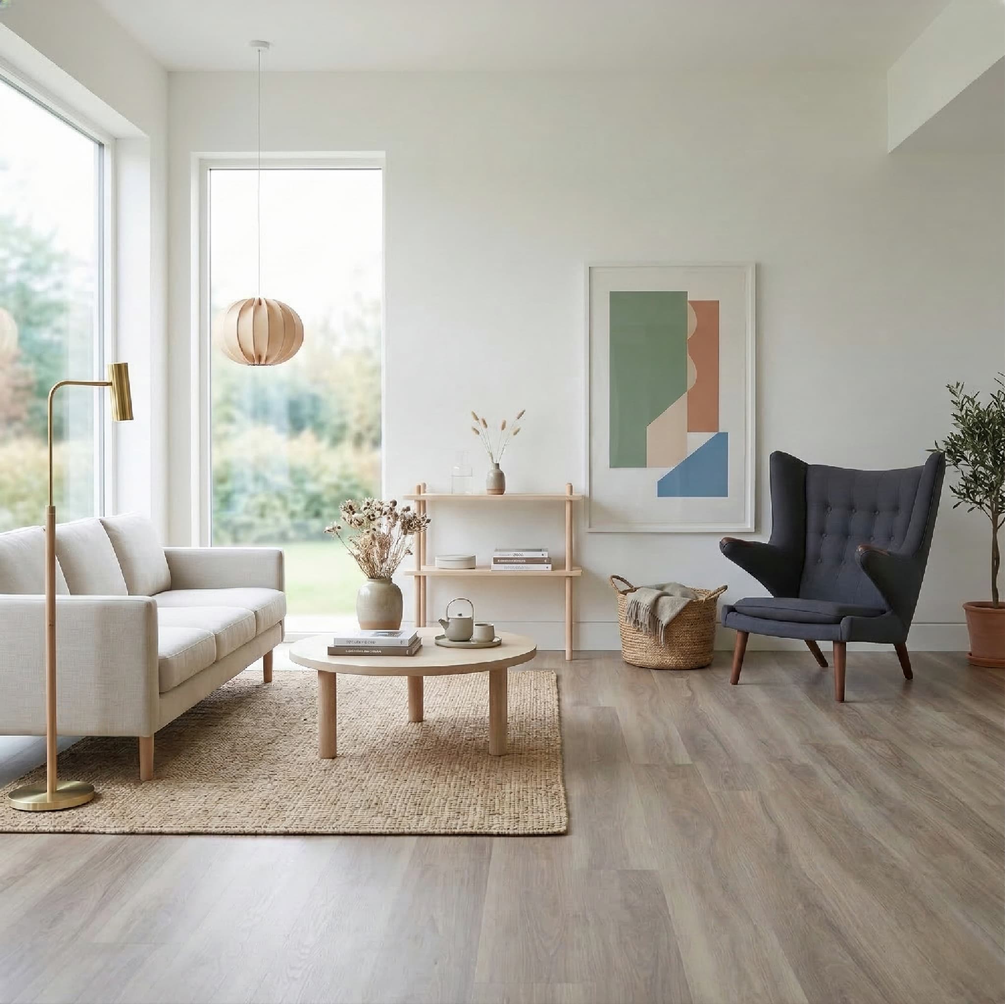 Modern living room with a sofa, coffee table, armchair, decorative elements and light colored chevron flooring.