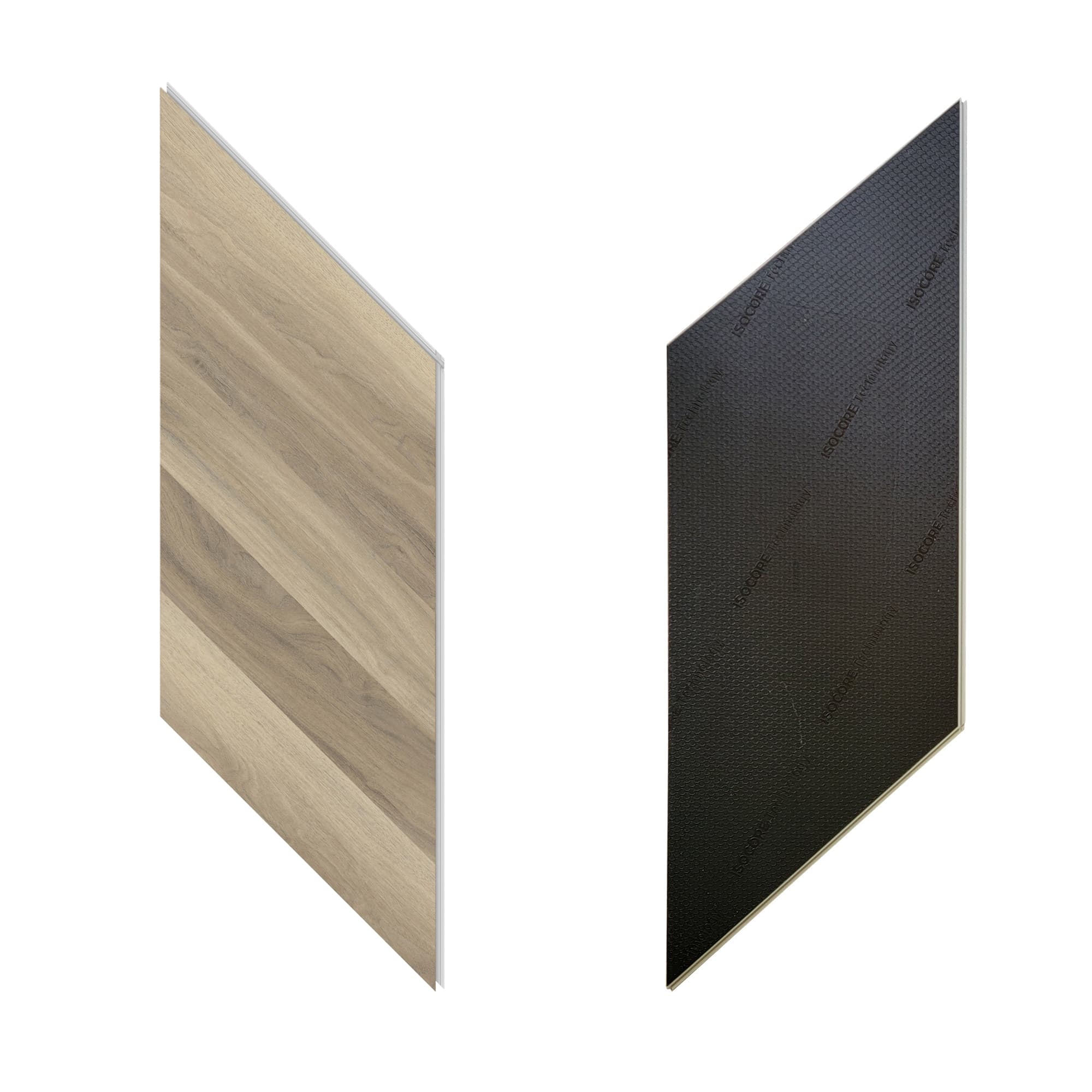 Front and back view of Allure Chevron flooring in Almond Honey Aspen color.