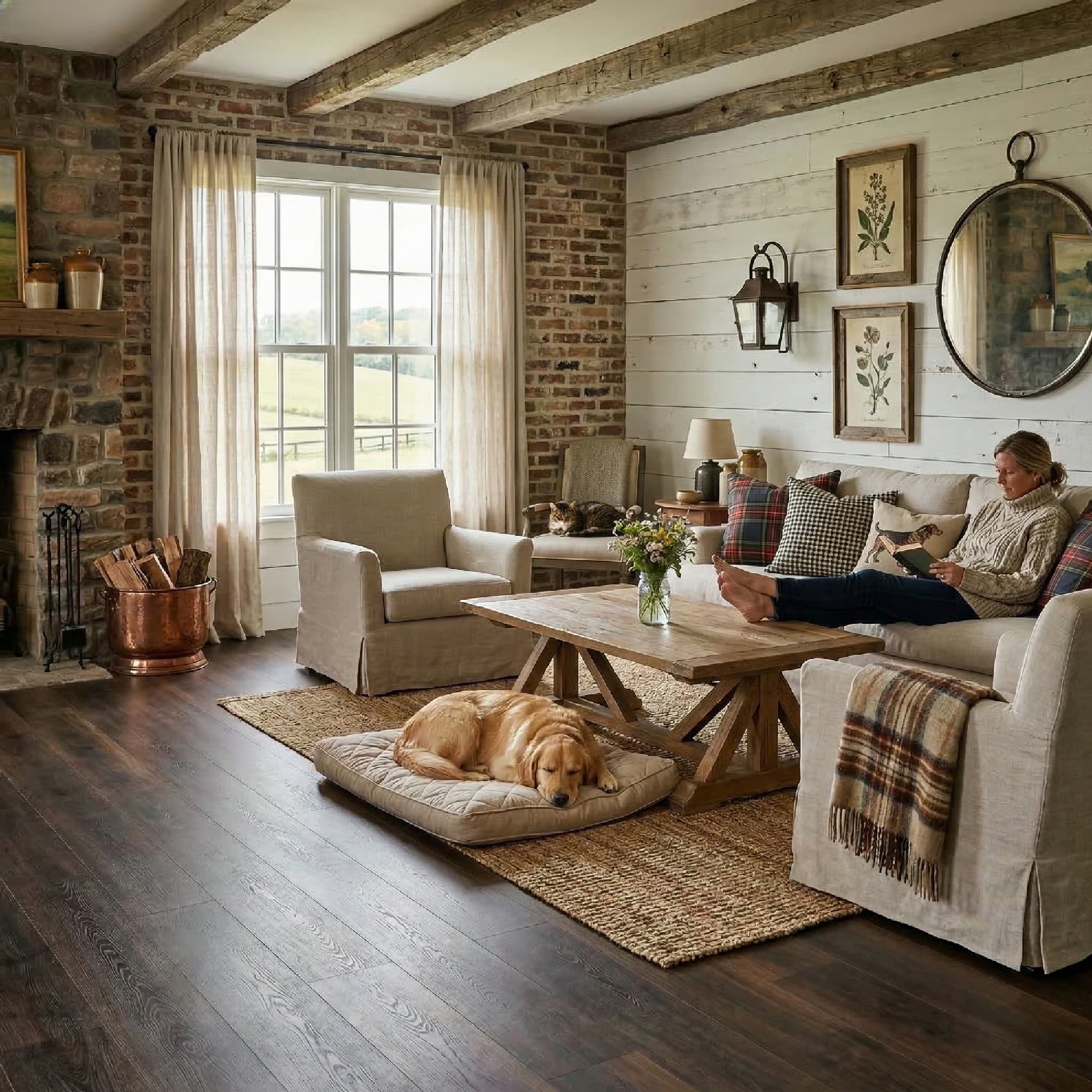 Cozy living room with a fireplace, vinyl floor, and a woman sitting on a couch with a dog on a rug.