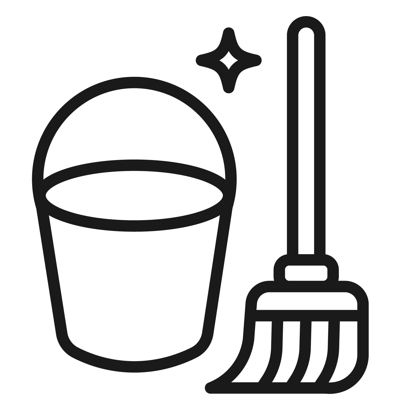 Black line drawing of a bucket and broom with a star on a white background