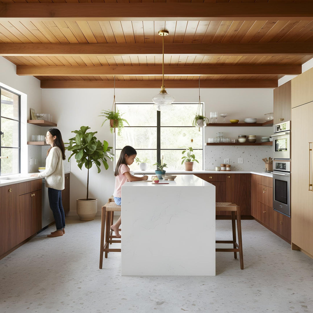 MCM kitchen featuring Allure terrazzo LVT floors with woman and daughter