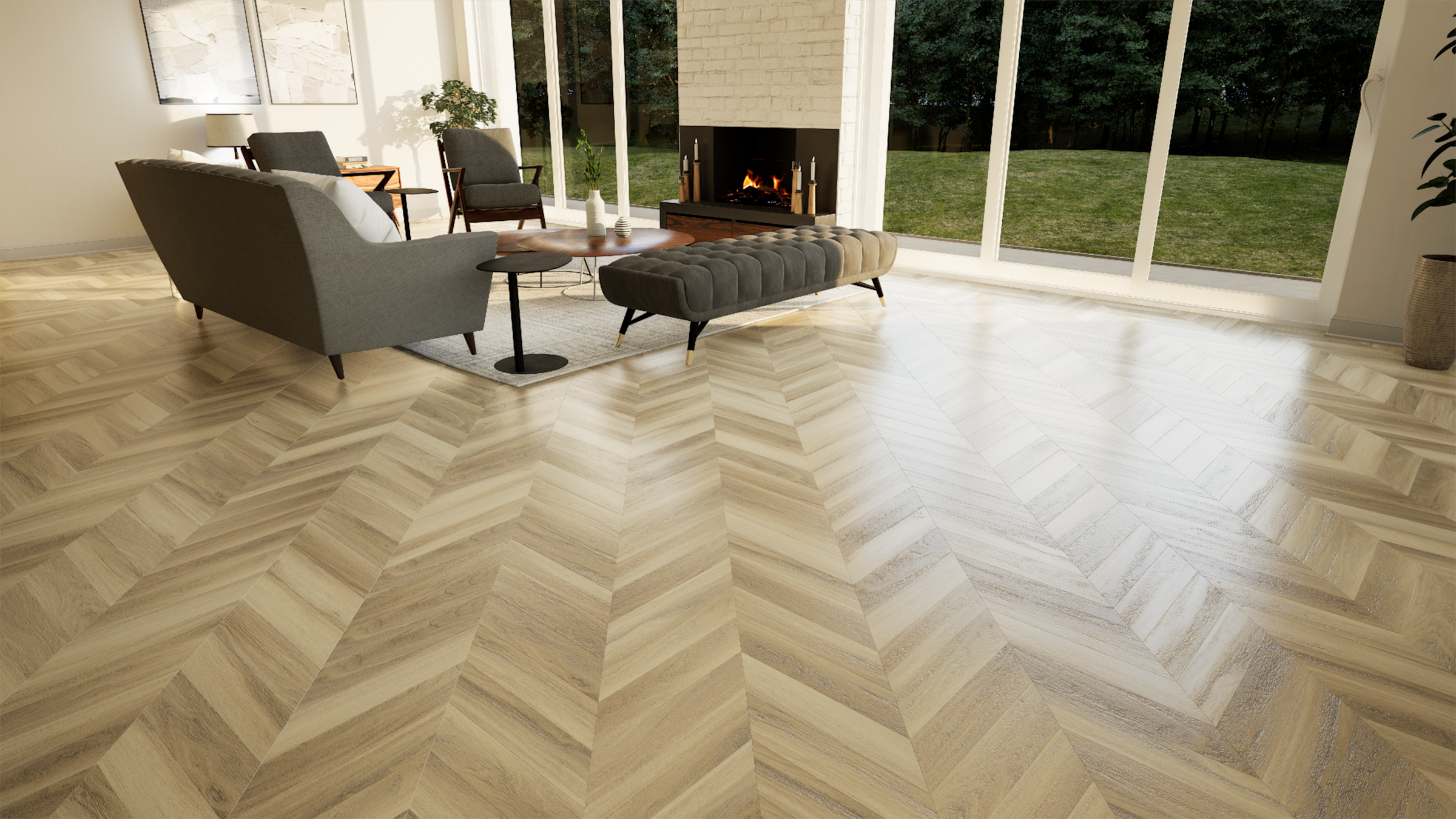 Light brown chevron LVP in a modern living room scene