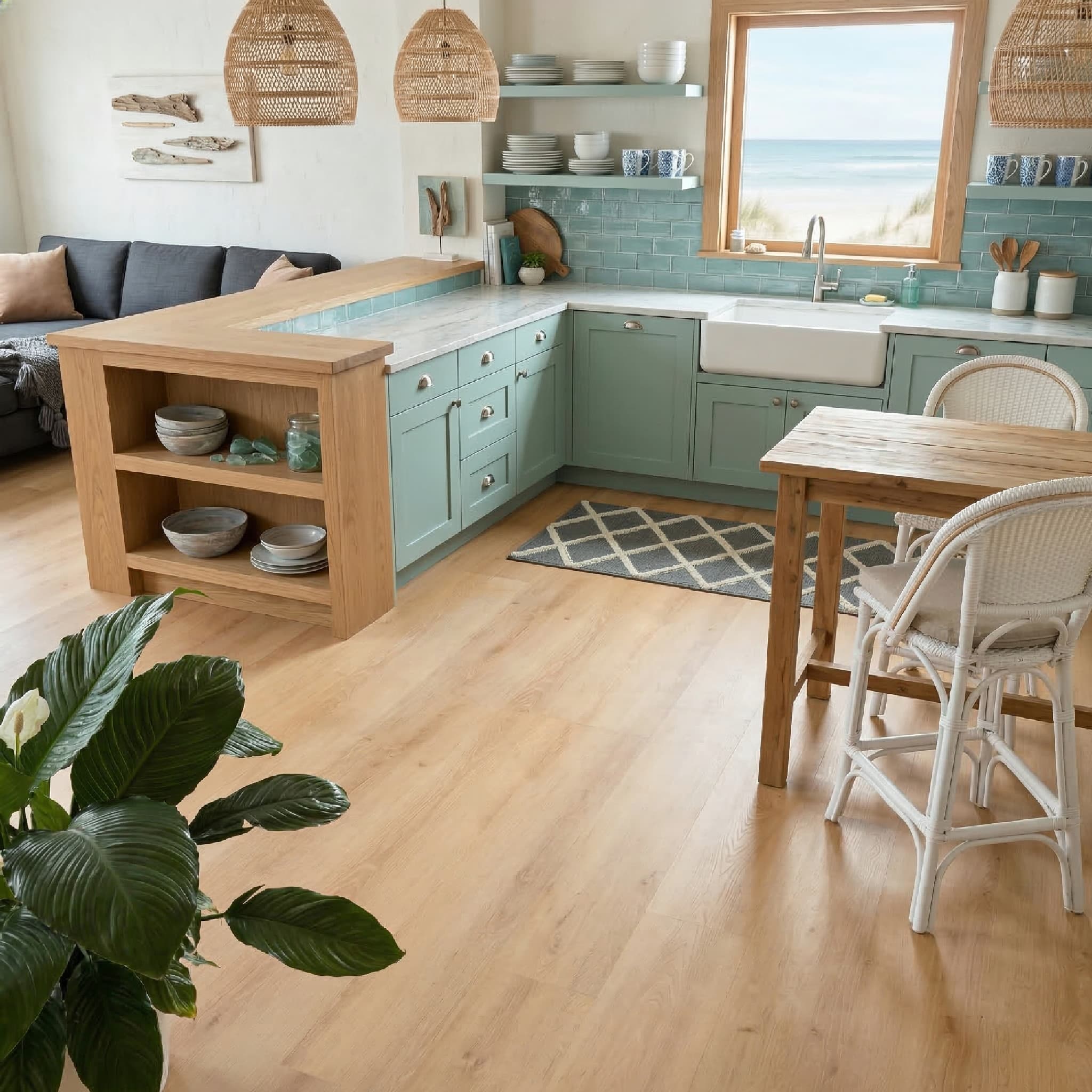 Modern kitchen and living room with wooden floors and green cabinetry.