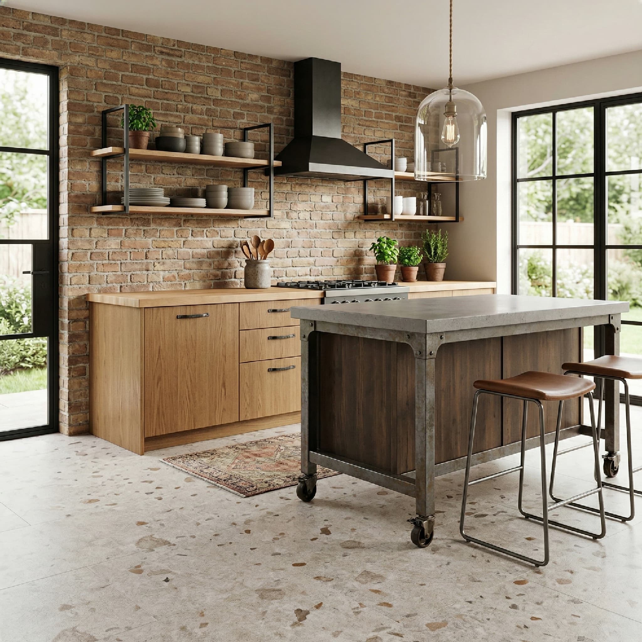 Modern kitchen with wooden cabinets, island, and brick wall.