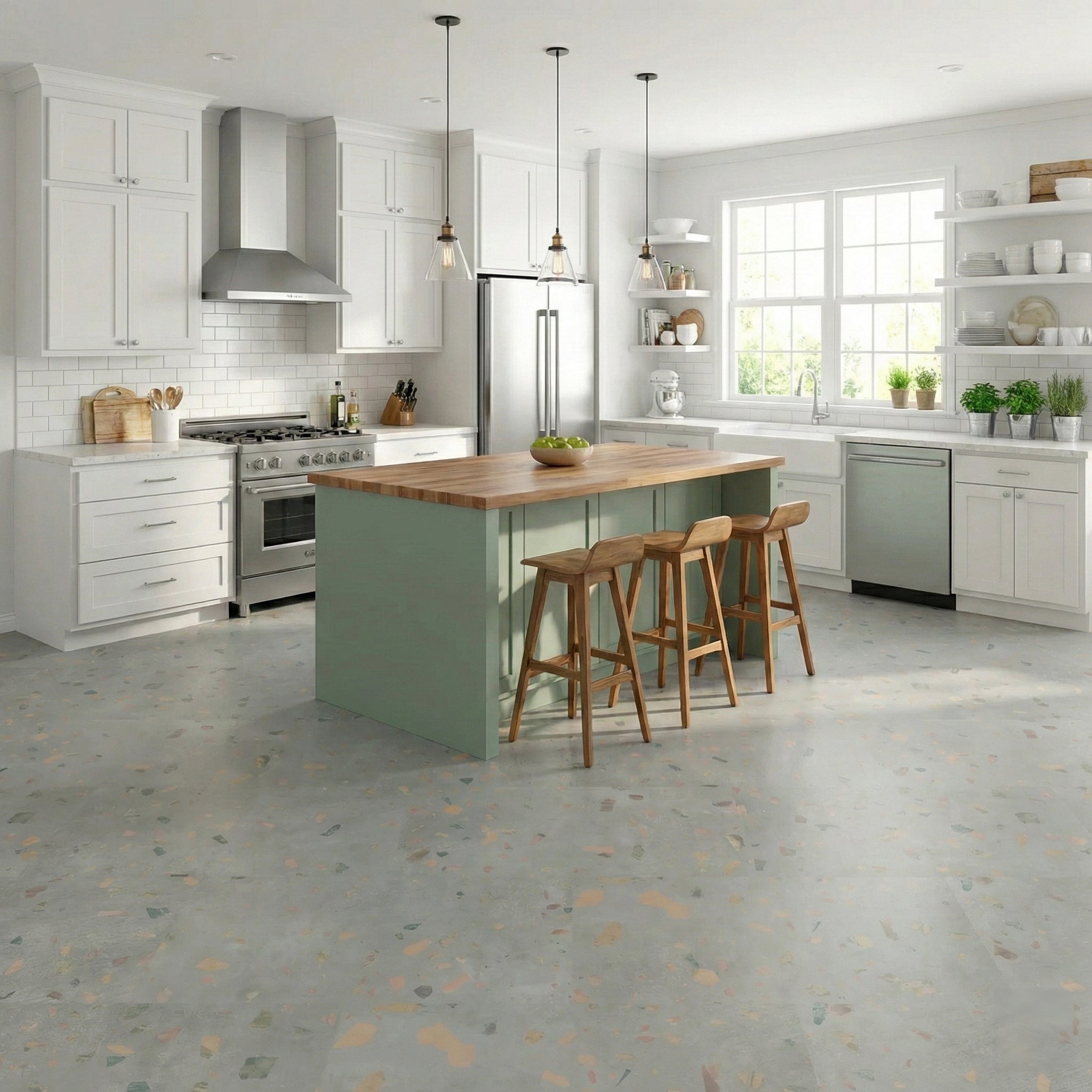 Modern kitchen with white cabinets, wooden island, and Allure terrazzo vinyl tile flooring