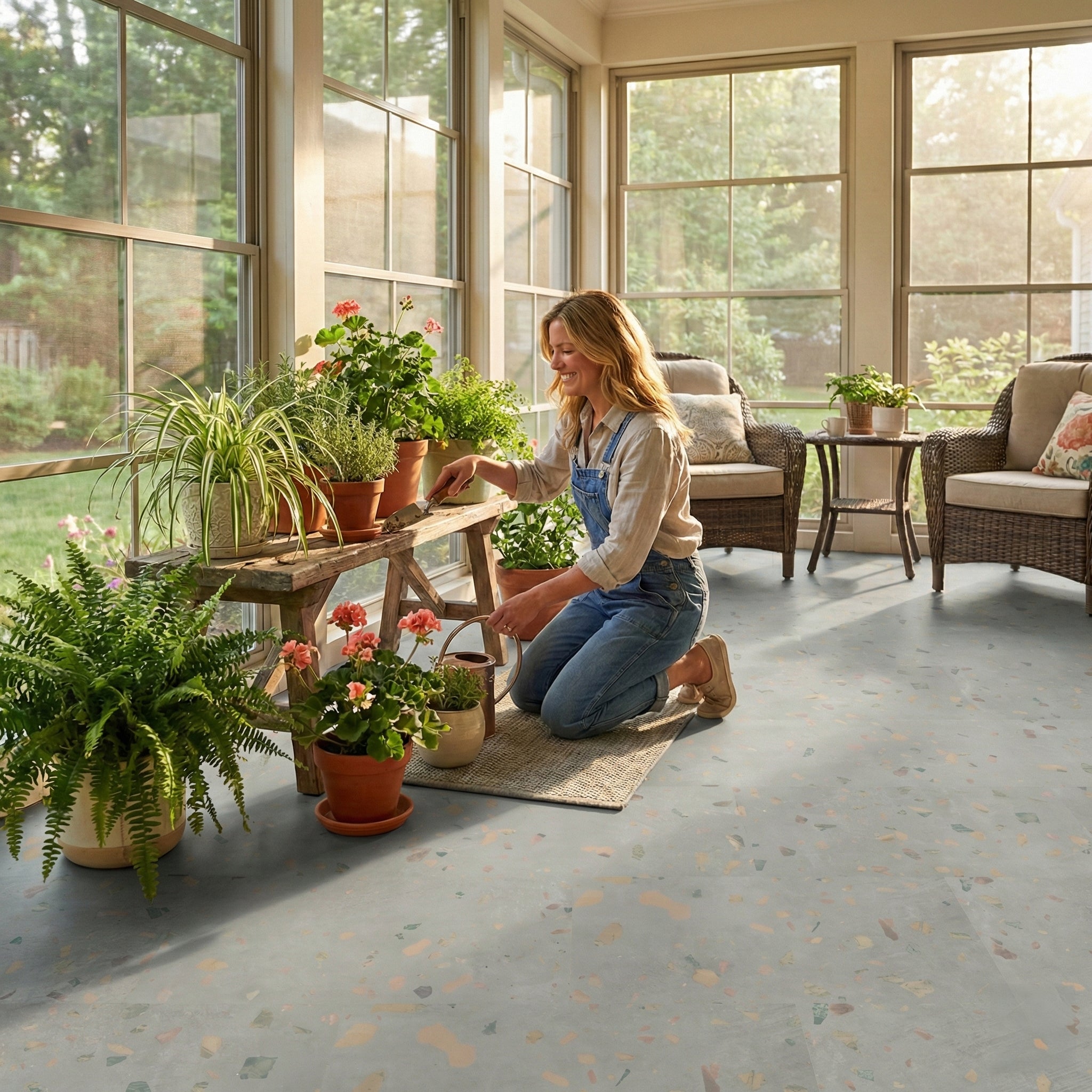 Woman tending to plants in a sunroom with large windows and Allure terrazzo vinyl tile floors