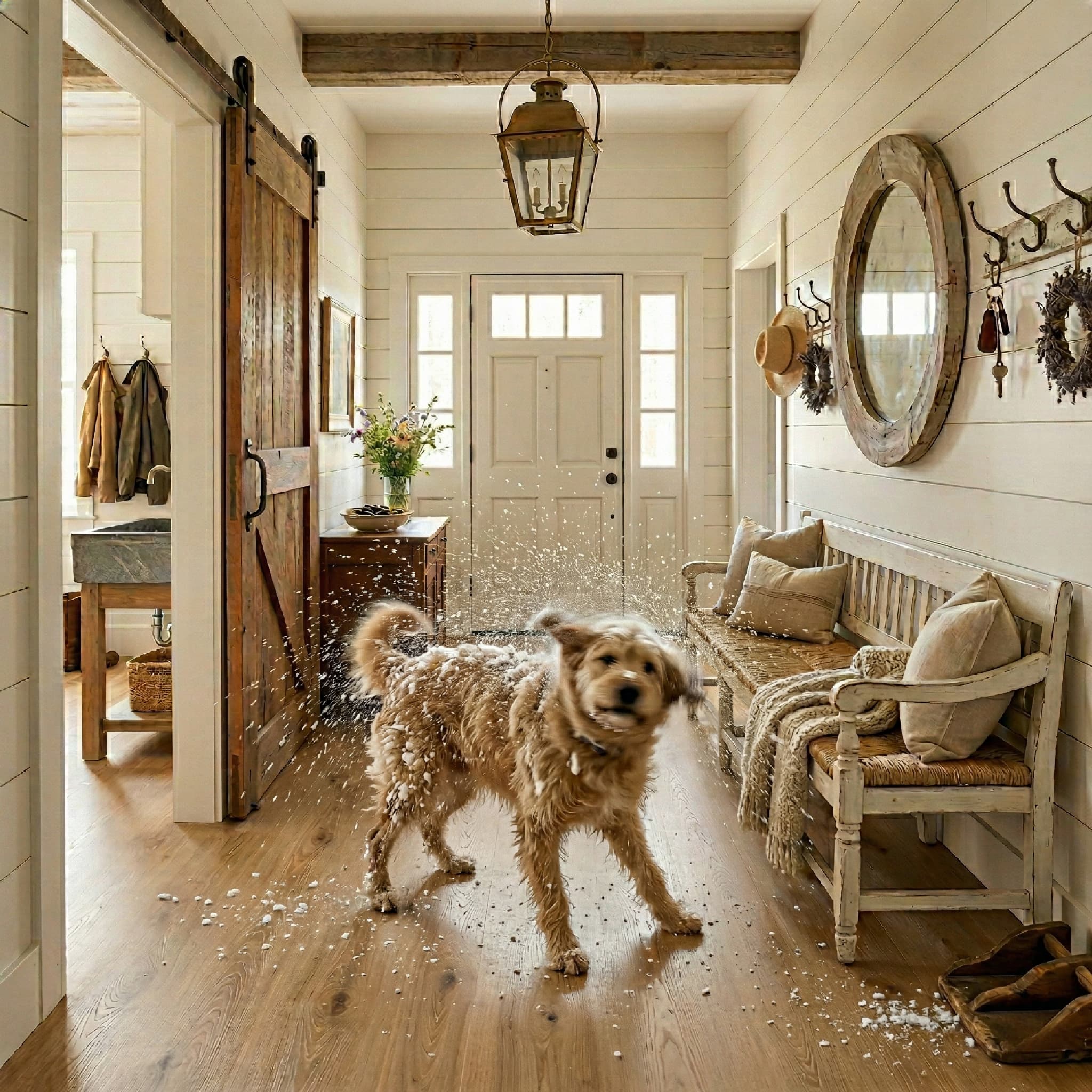 Dog standing in a cozy hallway with vinyl floors, a bench, and decorative items.