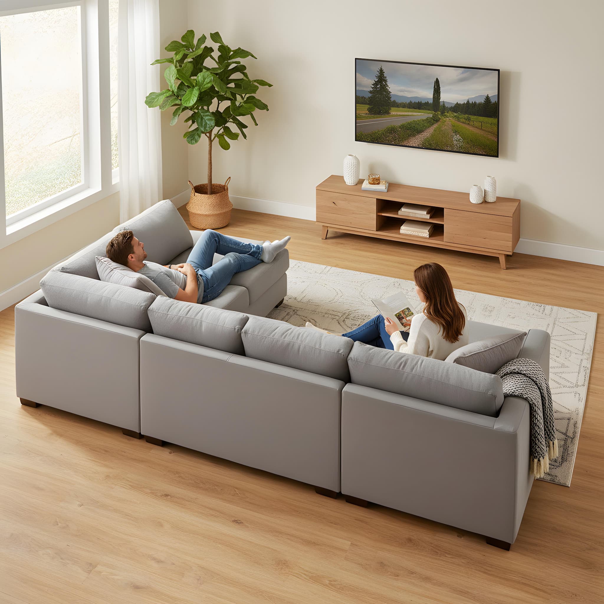 Living room with Allure LVP flooring, a large gray sectional sofa, wooden TV stand, and people sitting on the sofa.