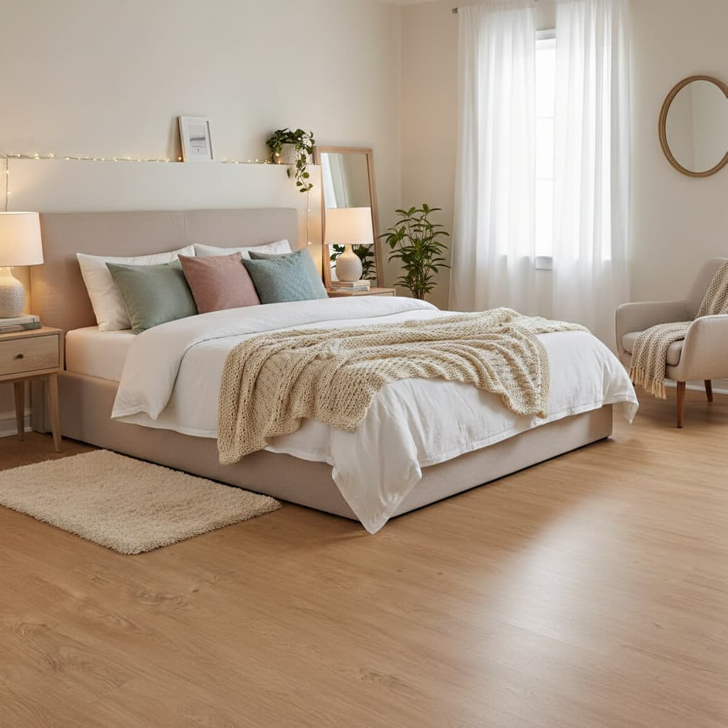 Neatly made bed with decorative pillows and a blanket in a bright bedroom.