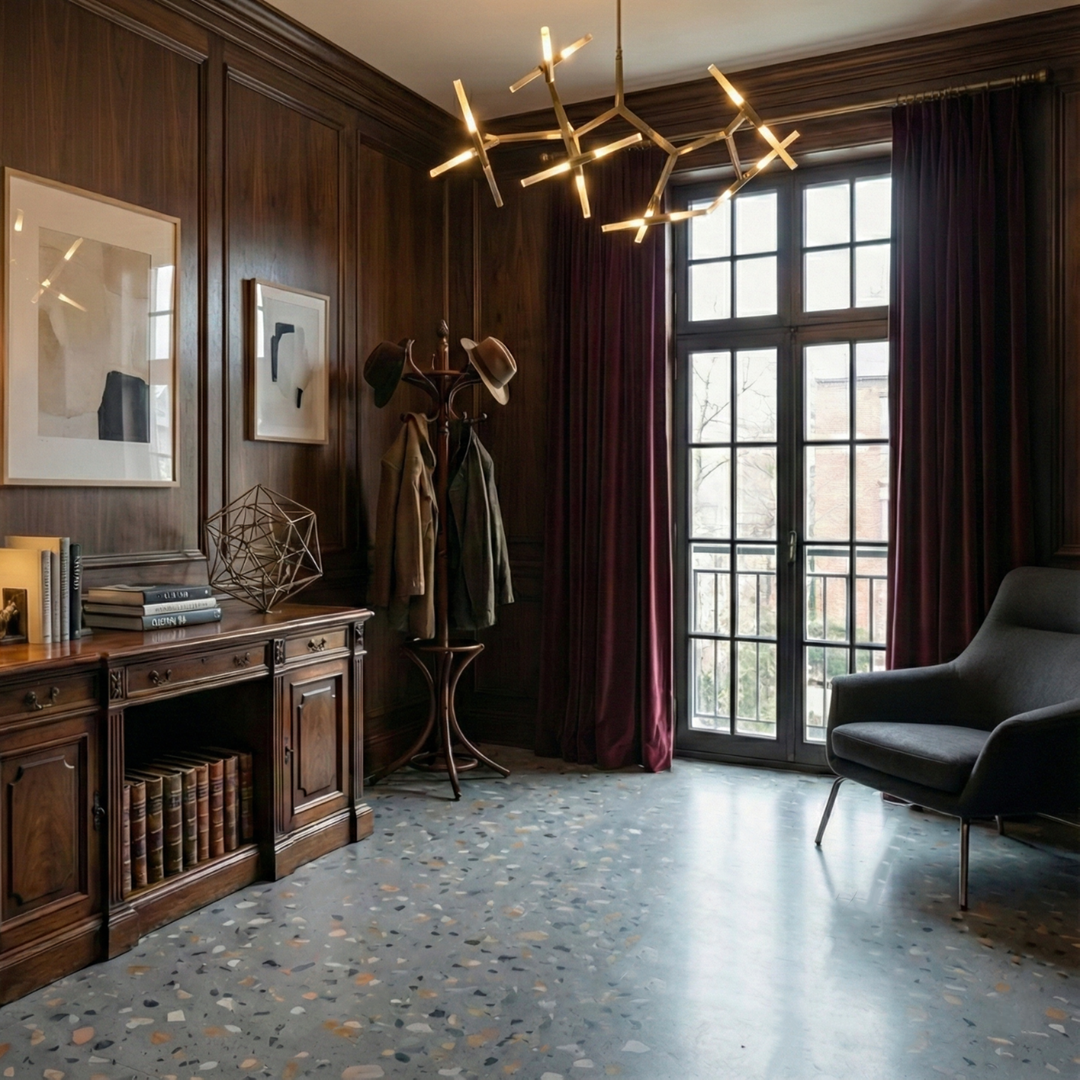 Allure Peach Pebble Terrazzo flooring in dark wood study