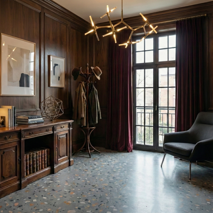 Allure Peach Pebble Terrazzo flooring in dark wood study