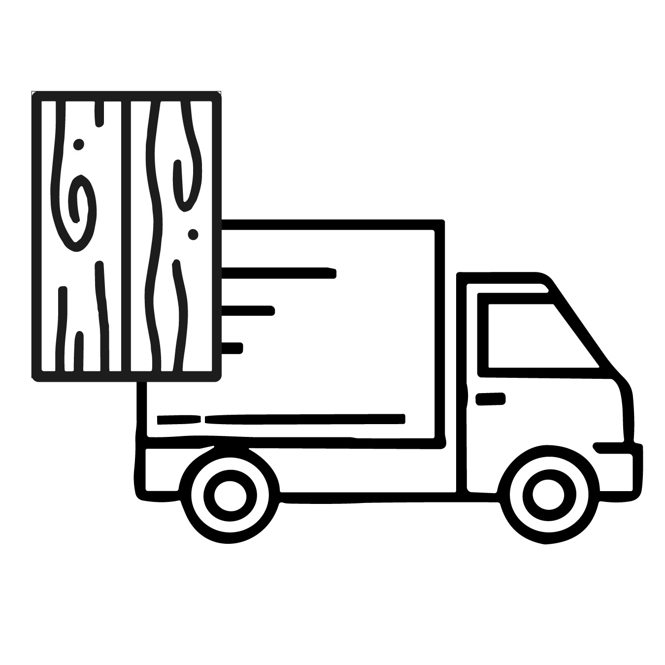 Line drawing of a truck with a vinyl flooring plank on a white background