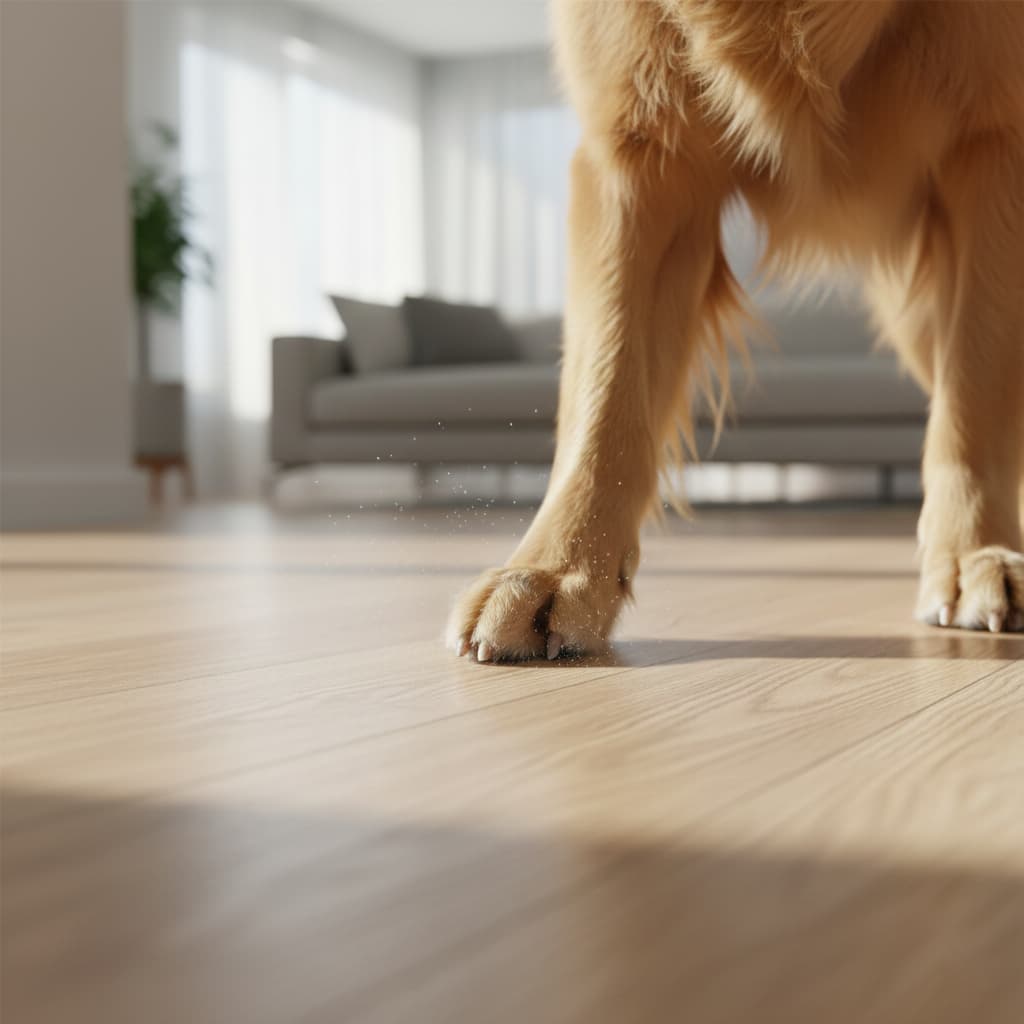 Dog's paw on a vinyl floor with a blurred living room background