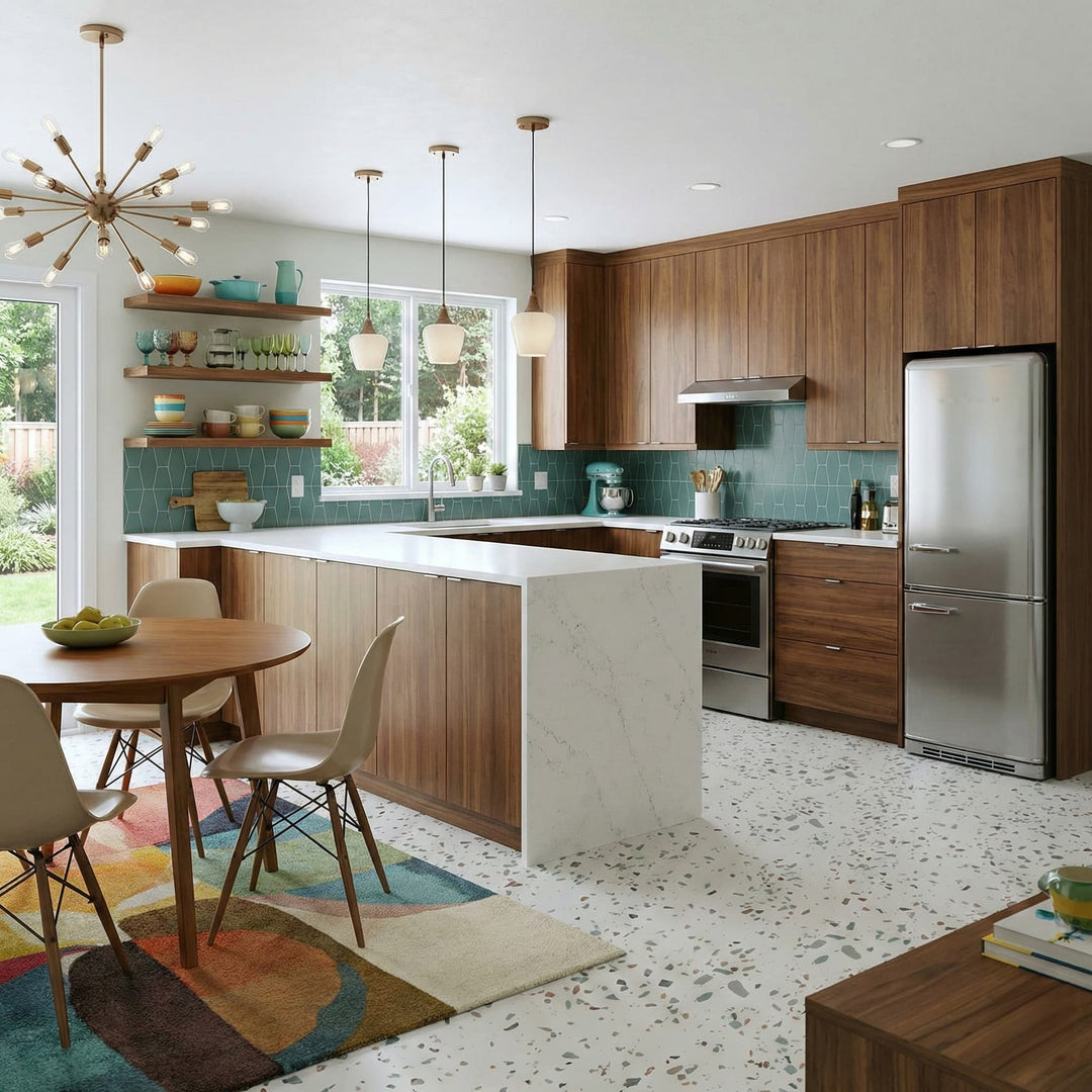 Mid-Century Modern Kitchen with terrazzo vinyl tile flooring by Allure