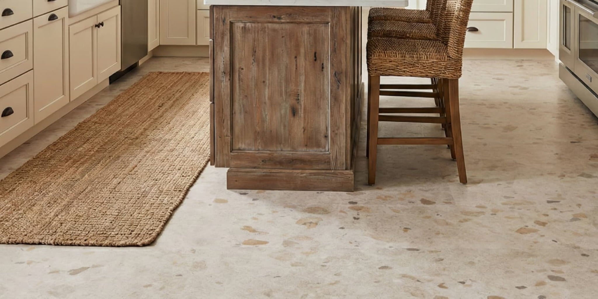 Wooden kitchen island with stools over Allure terrazzo vinyl flooring