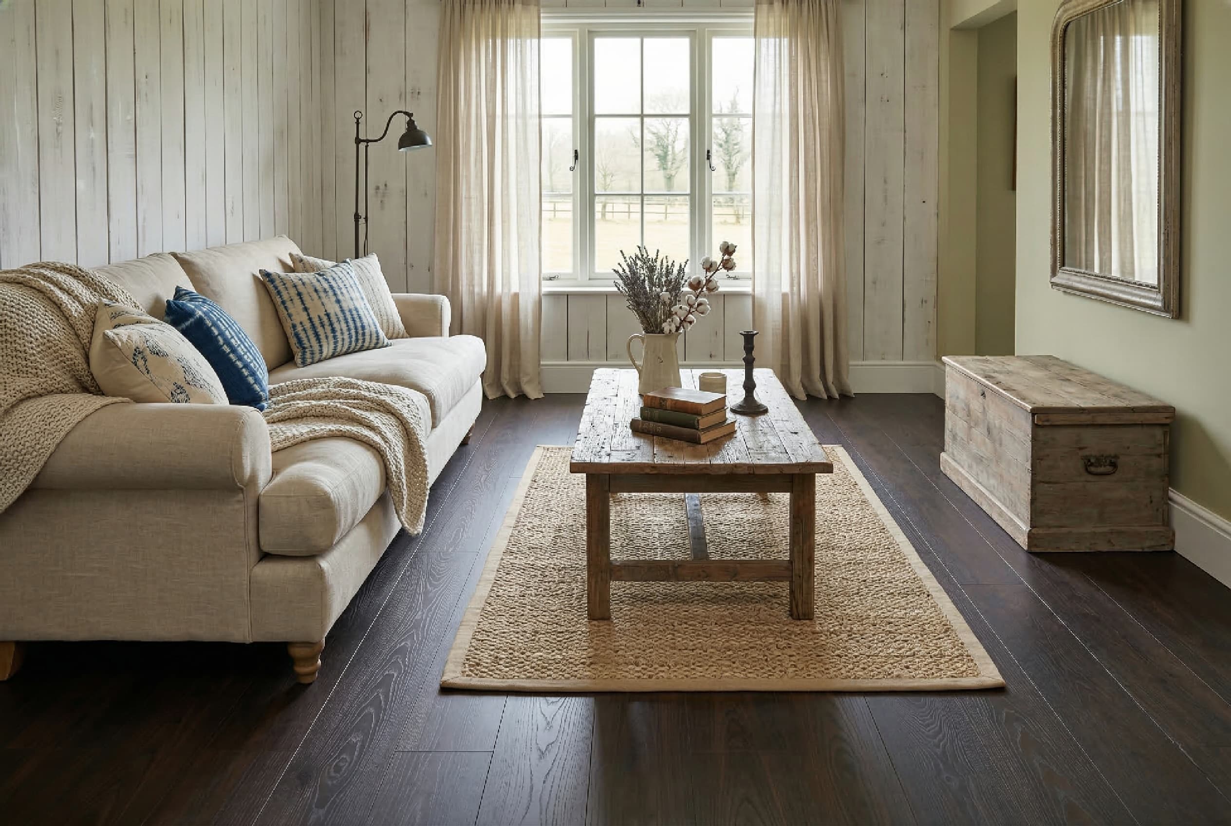 Cozy living room with a beige sofa, wooden coffee table, and decorative items.