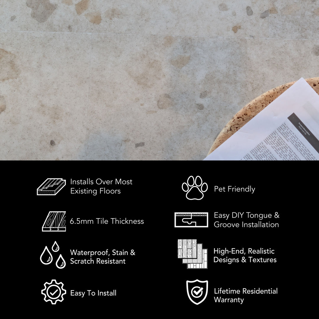 ALLURE Colada Concrete terrazzo tile flooring infographic with features and benefits