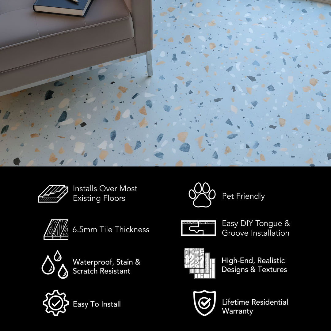 Terrazzo-style Allure vinyl flooring with a couch and product features listed below.