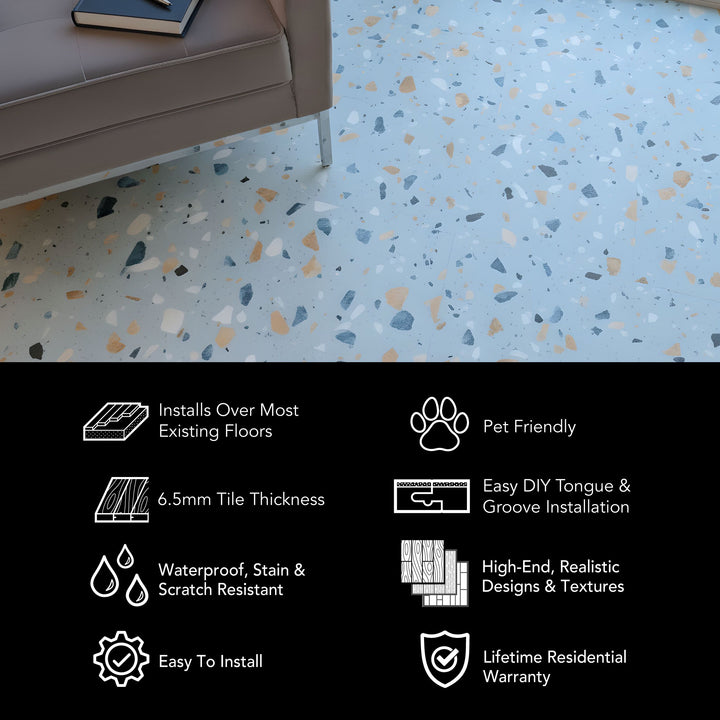Terrazzo-style Allure vinyl flooring with a couch and product features listed below.