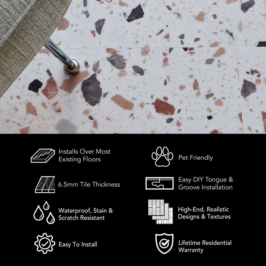 Allure Ultima Blush terrazzo LVT infographic with features and benefits