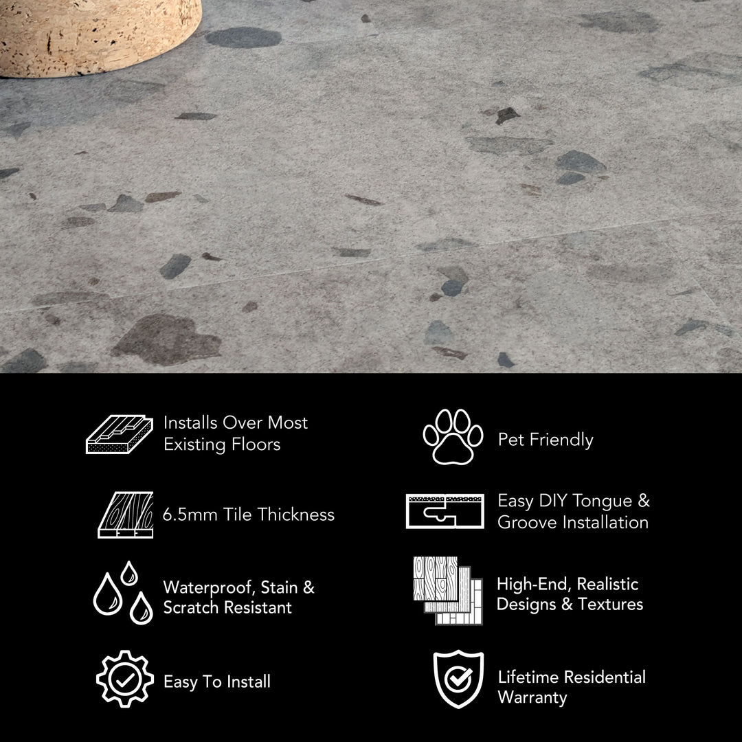 Allure Galaway Grey Terrazzo flooring infographic with features and benefits