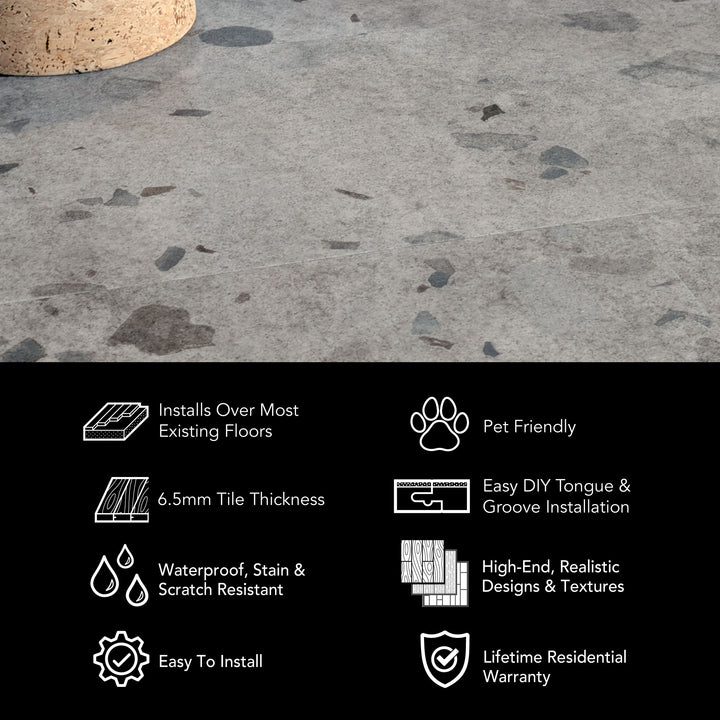 Allure Galaway Grey Terrazzo flooring infographic with features and benefits