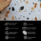 Terrazzo-style flooring with a close-up view and feature list below.