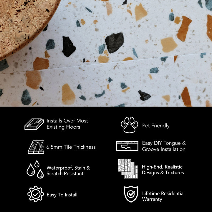 Terrazzo-style flooring with a close-up view and feature list below.