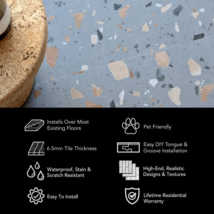 Allure Ultima Peach Pebble Terrazzo Flooring Infographic with features and specifications